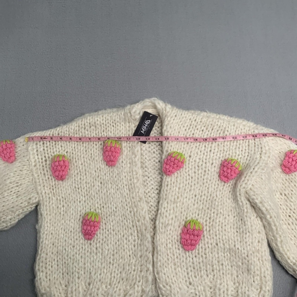 European Hand Knit Cardigan 3D Strawberry Balloon Sleeves Open Front Cream Sz M - Picture 7 of 10